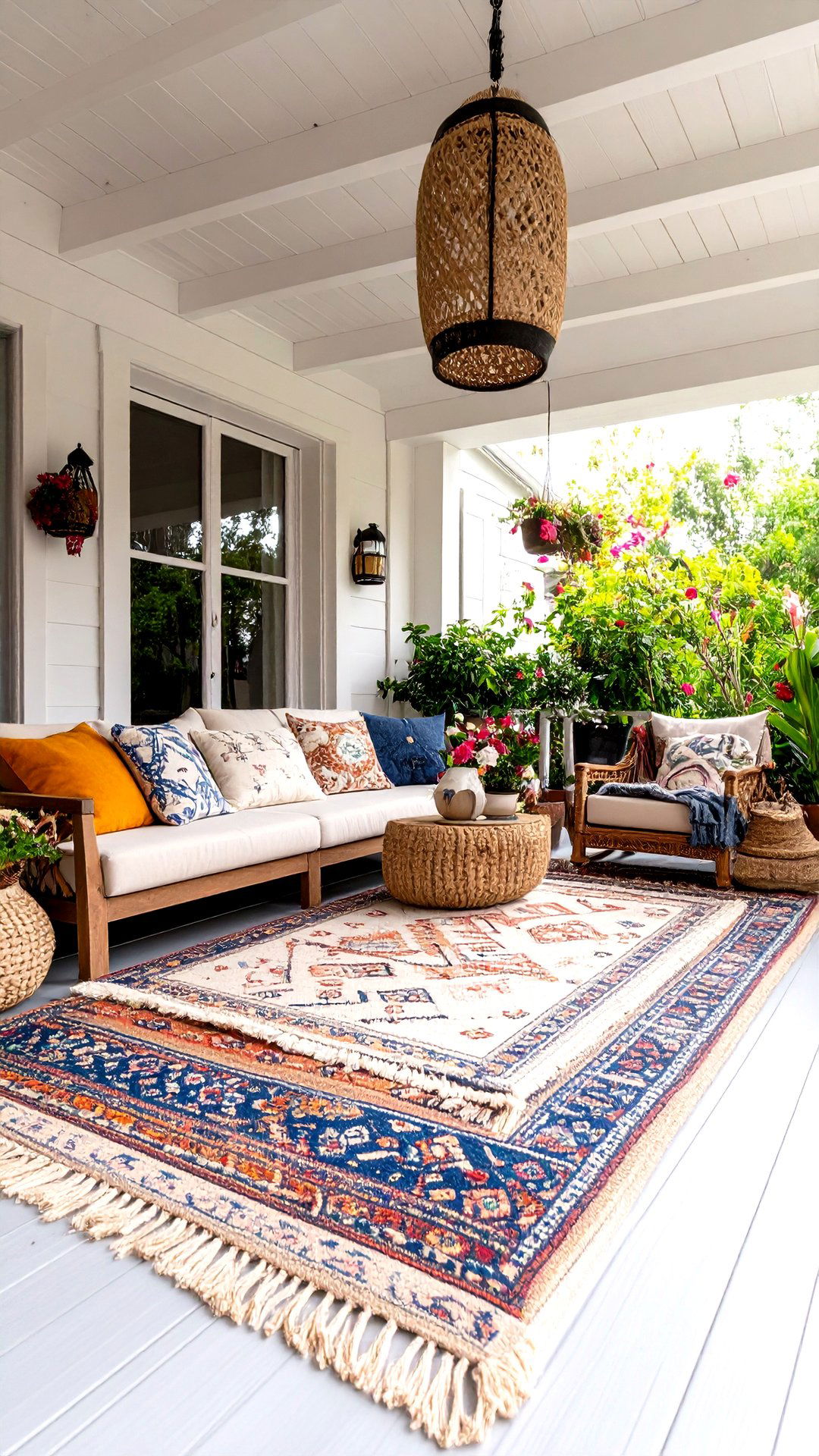 Layered Outdoor Rugs Warm the Boho House Exterior Porch - 25 boho house exterior ideas