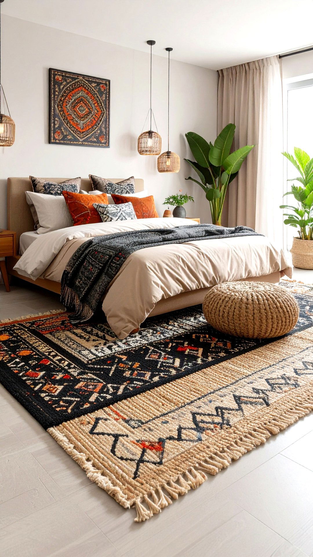 Layered Rugs Animate a Black and Beige Bedroom - 25 black and beige bedroom design ideas