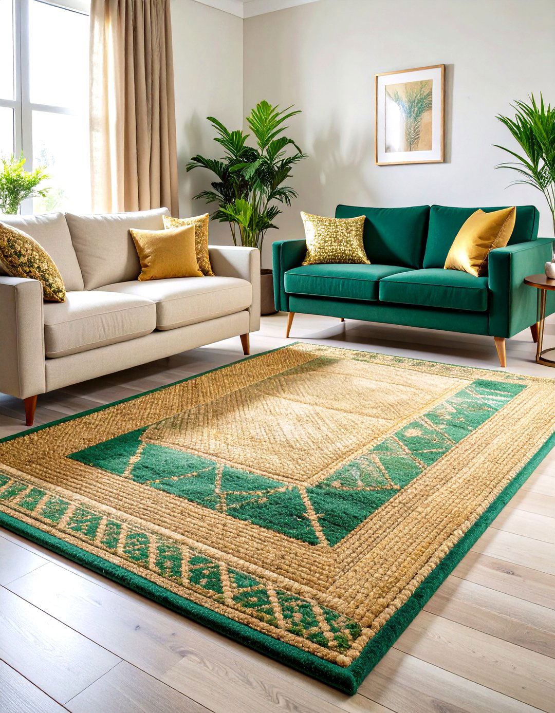 Layered Rugs Emerald Over Neutral with Metallic Thread - 25 emerald green and gold bedroom ideas