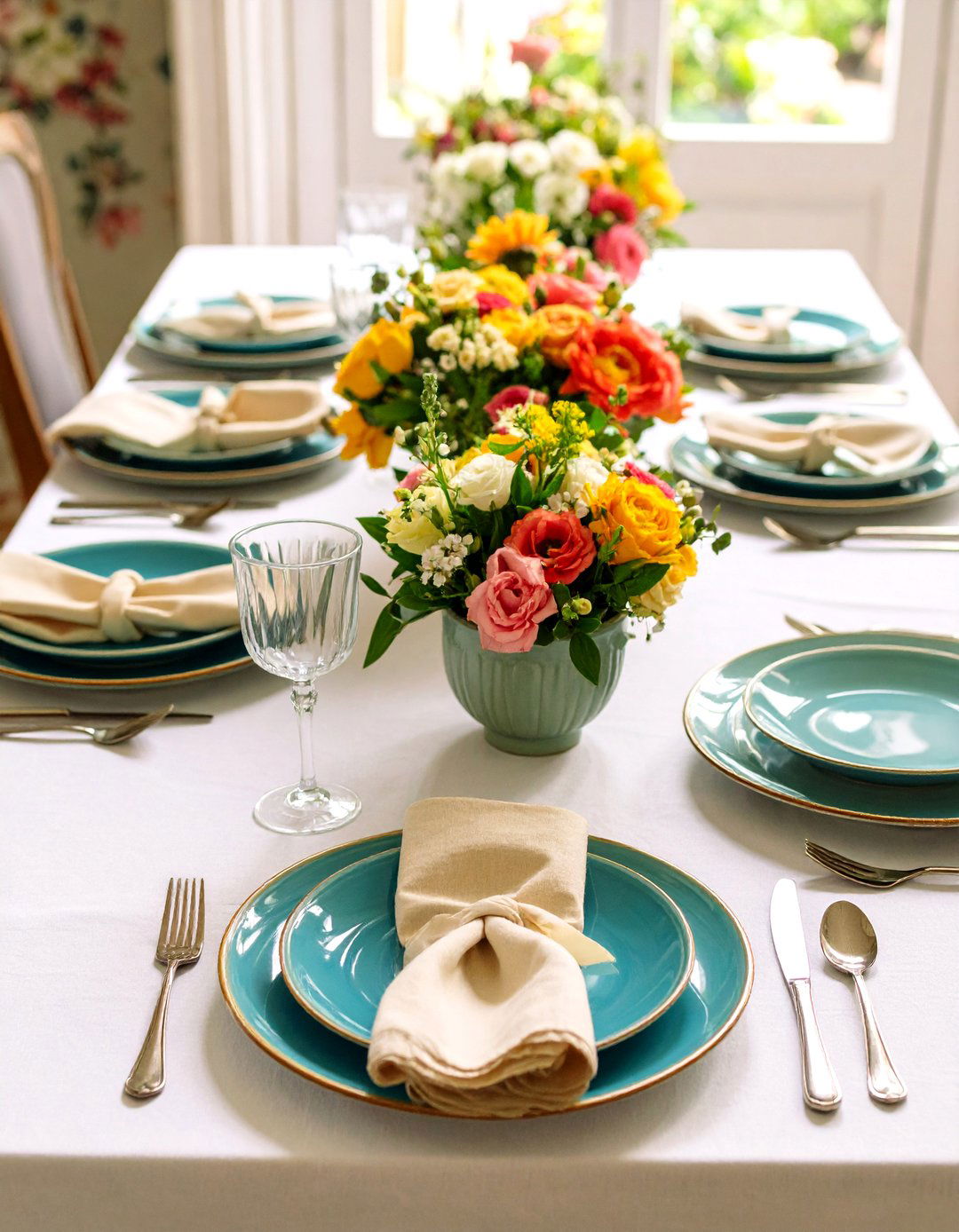 Layered Table Settings with Fresh Flowers and Tableware - 25 parisian dining room ideas