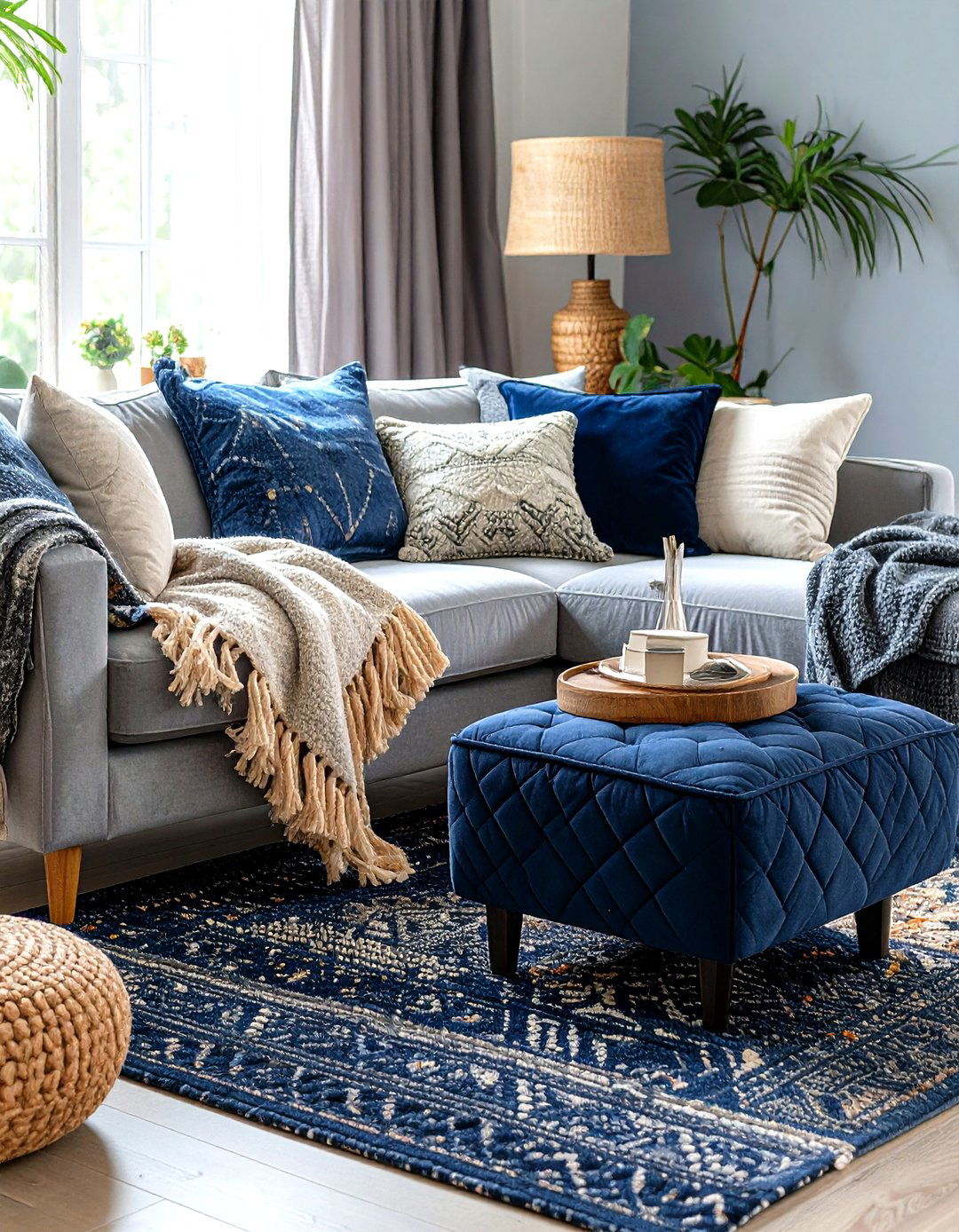 Layered Textiles Mix Navy Prints with Grey Solids - 25 navy blue and grey living room ideas