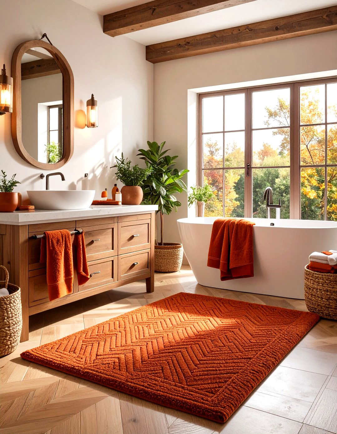 Layered Textiles with Rust Orange Towels - 25 orange bathroom ideas