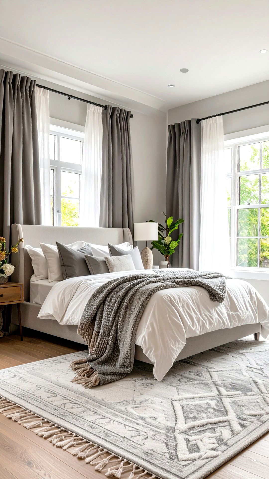 Layered Window Treatments Soften Grey and White Bedroom Light - 25 grey and white bedroom ideas