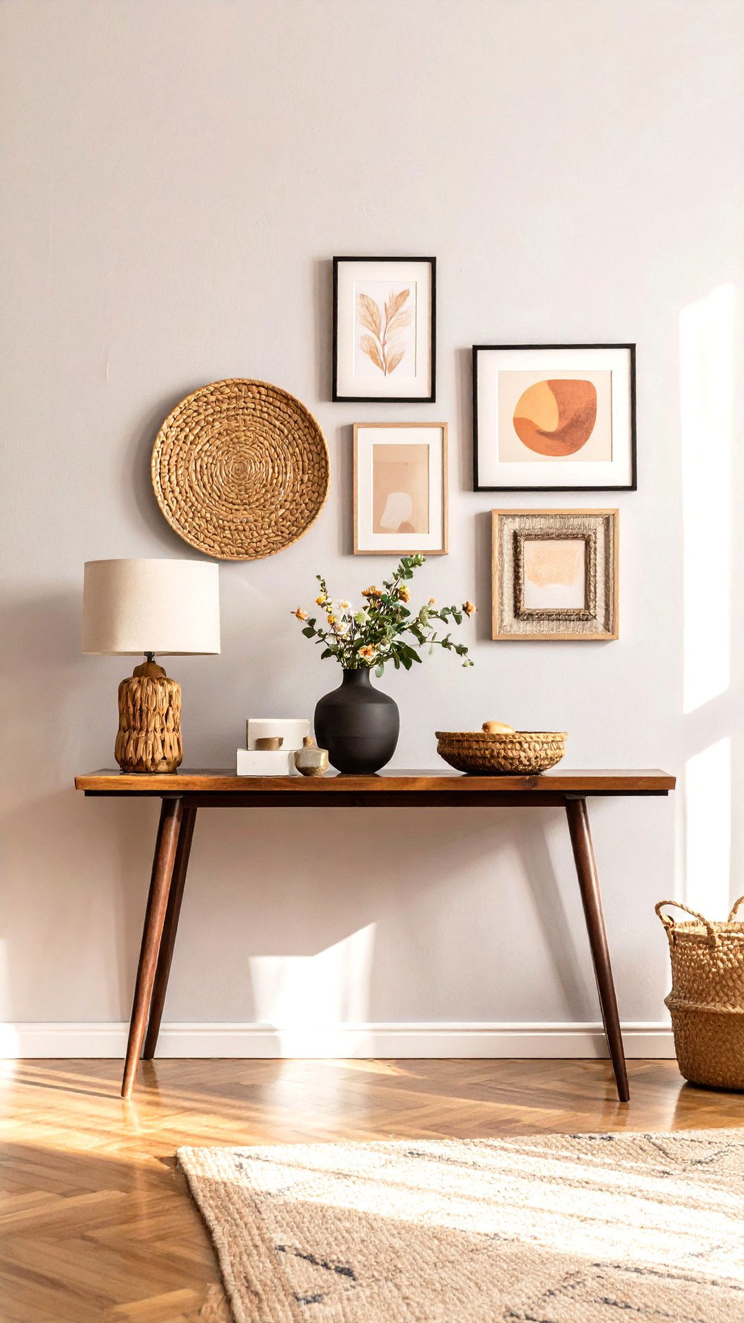 Leaning Layered Art for a Relaxed Console Table Look - 25 console table decor ideas