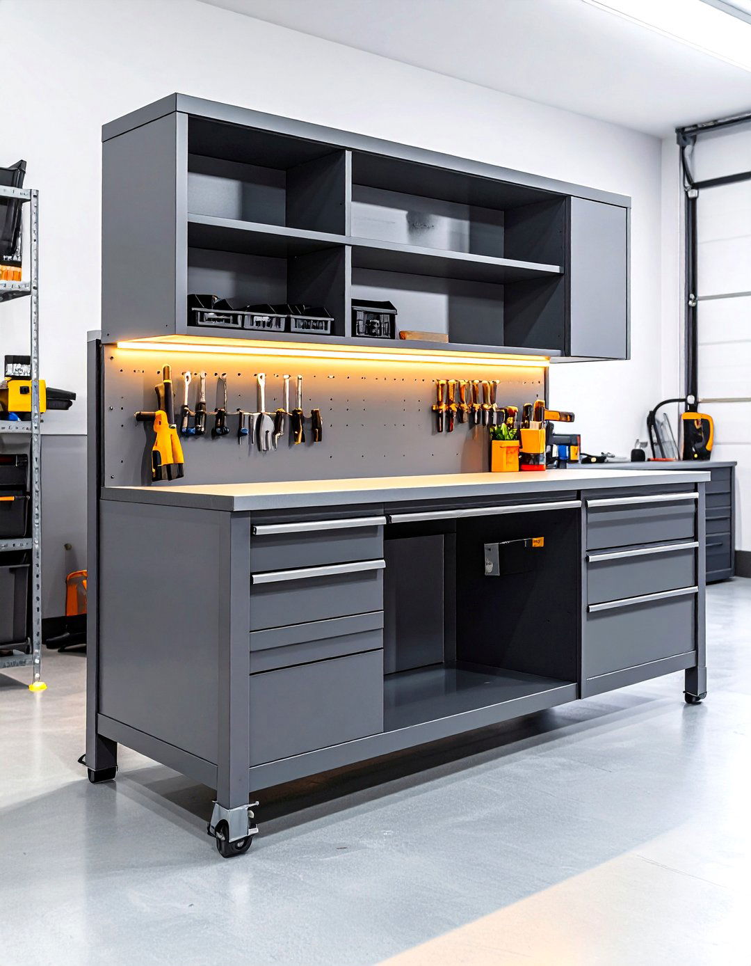 Light Grey Painted Garage Workbench to Brighten Space - 25 garage workbench ideas