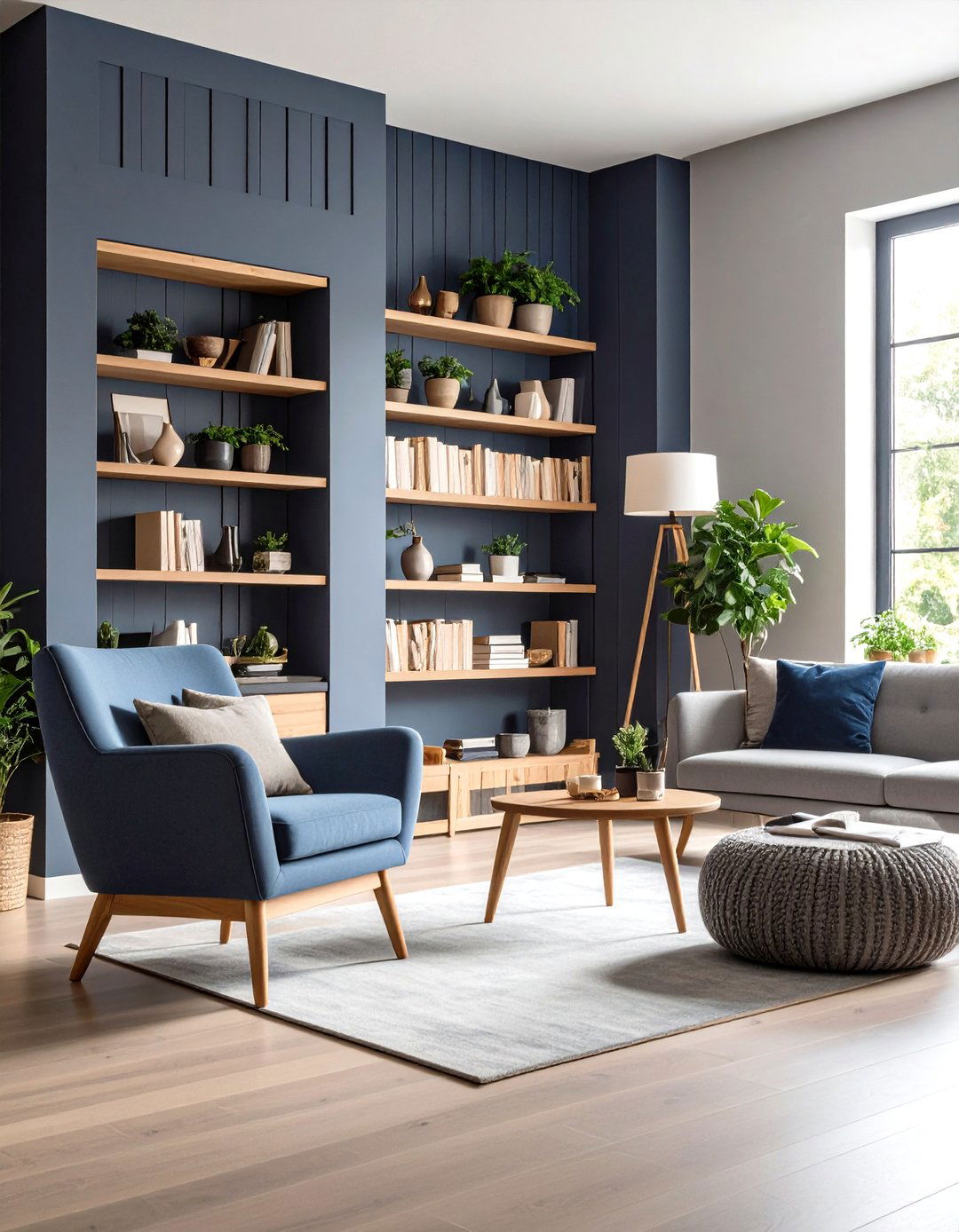 Light Grey Walls Navy Shiplap Accent Nook - 25 navy blue and grey living room ideas