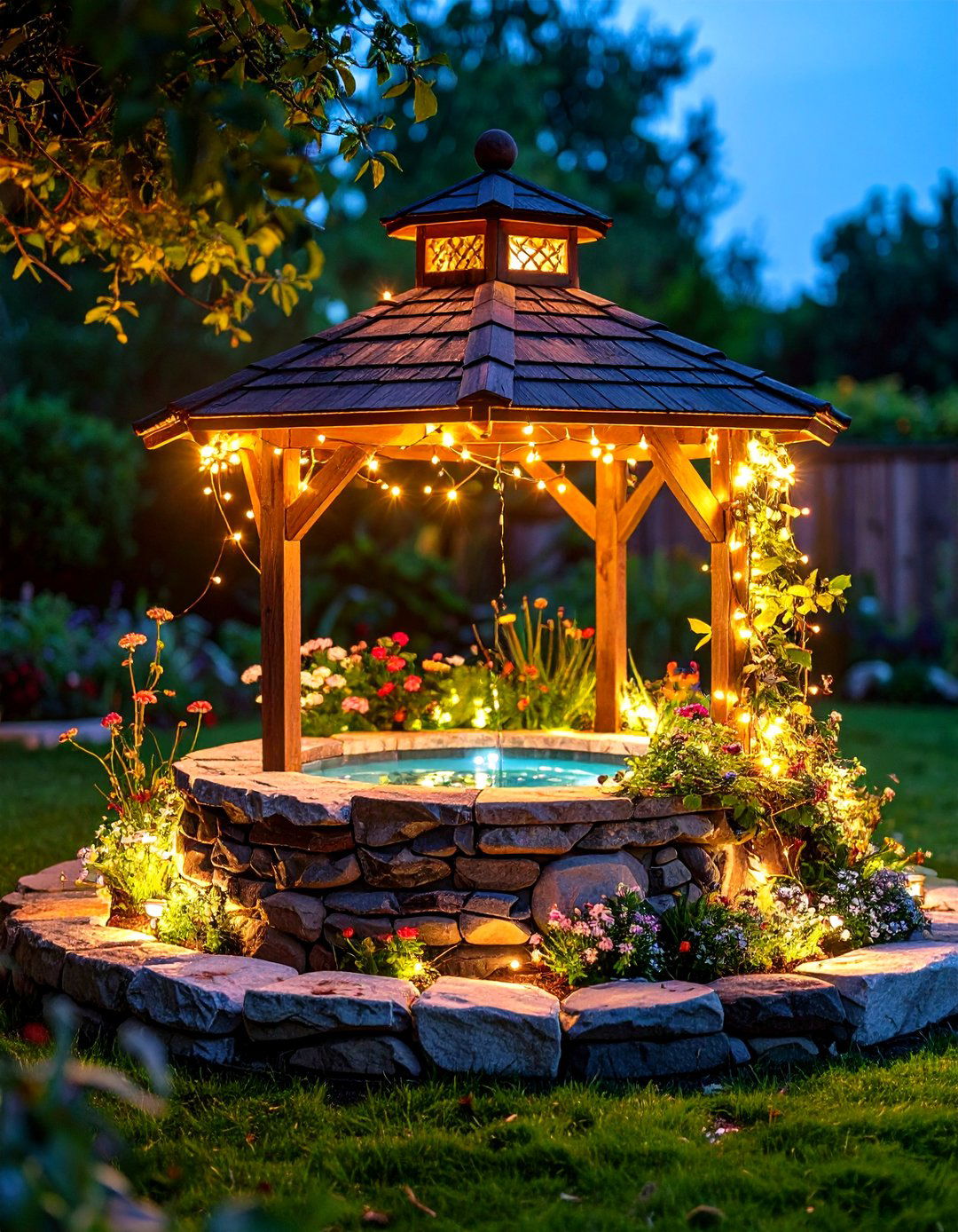Light Wrapped Wishing Well Garden Lantern - 25 outdoor wishing well garden ideas