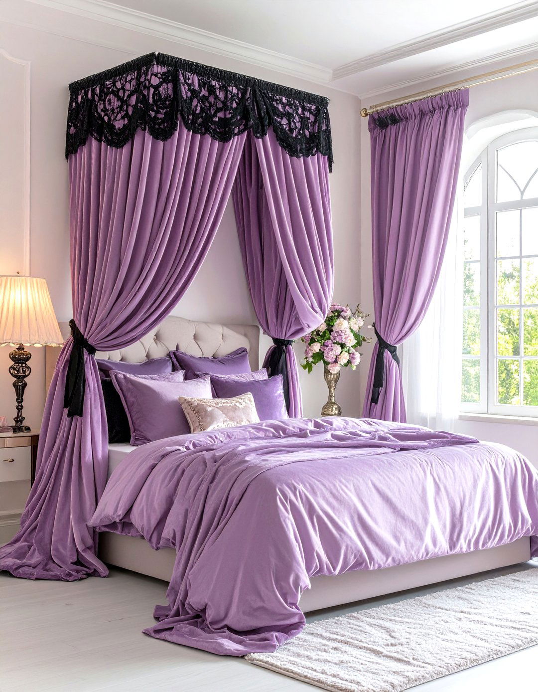 Lilac Velvet Curtains with Black Lace Tie Backs - 25 pastel goth bedroom ideas