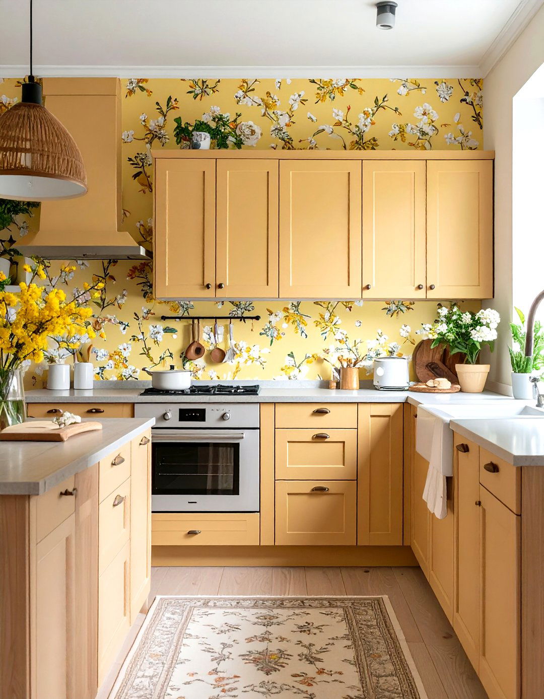 Line One Accent Wall with Pale Yellow Botanical Wallpaper - 25 pale yellow kitchen ideas