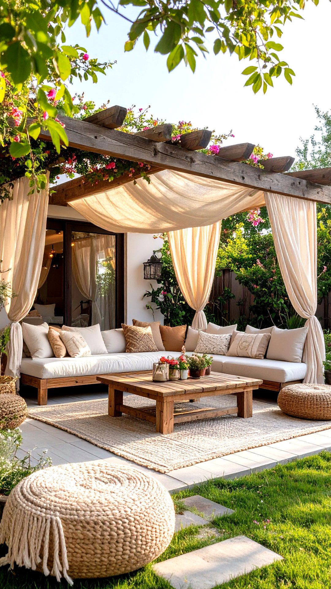Linen Draped Pergola Softens the Boho House Exterior - 25 boho house exterior ideas