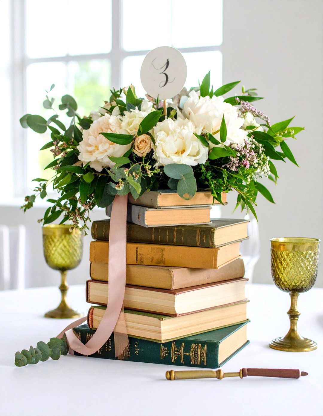 Literary Book Stack Centerpiece - 25 non-floral wedding centerpiece ideas