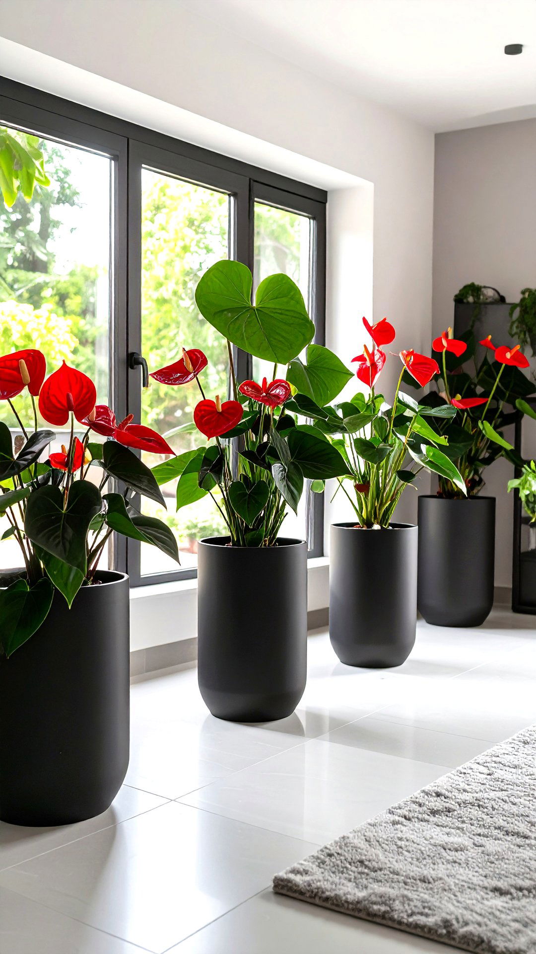 Living Room Flora Red Anthuriums in Sleek Black Planters - 25 black and red living room ideas