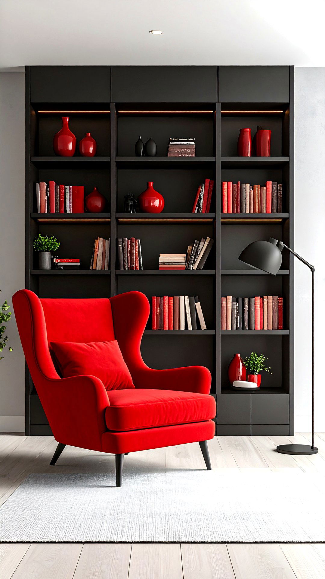 Living Room Library Wall in Matte Black with Crimson Accessories - 25 black and red living room ideas