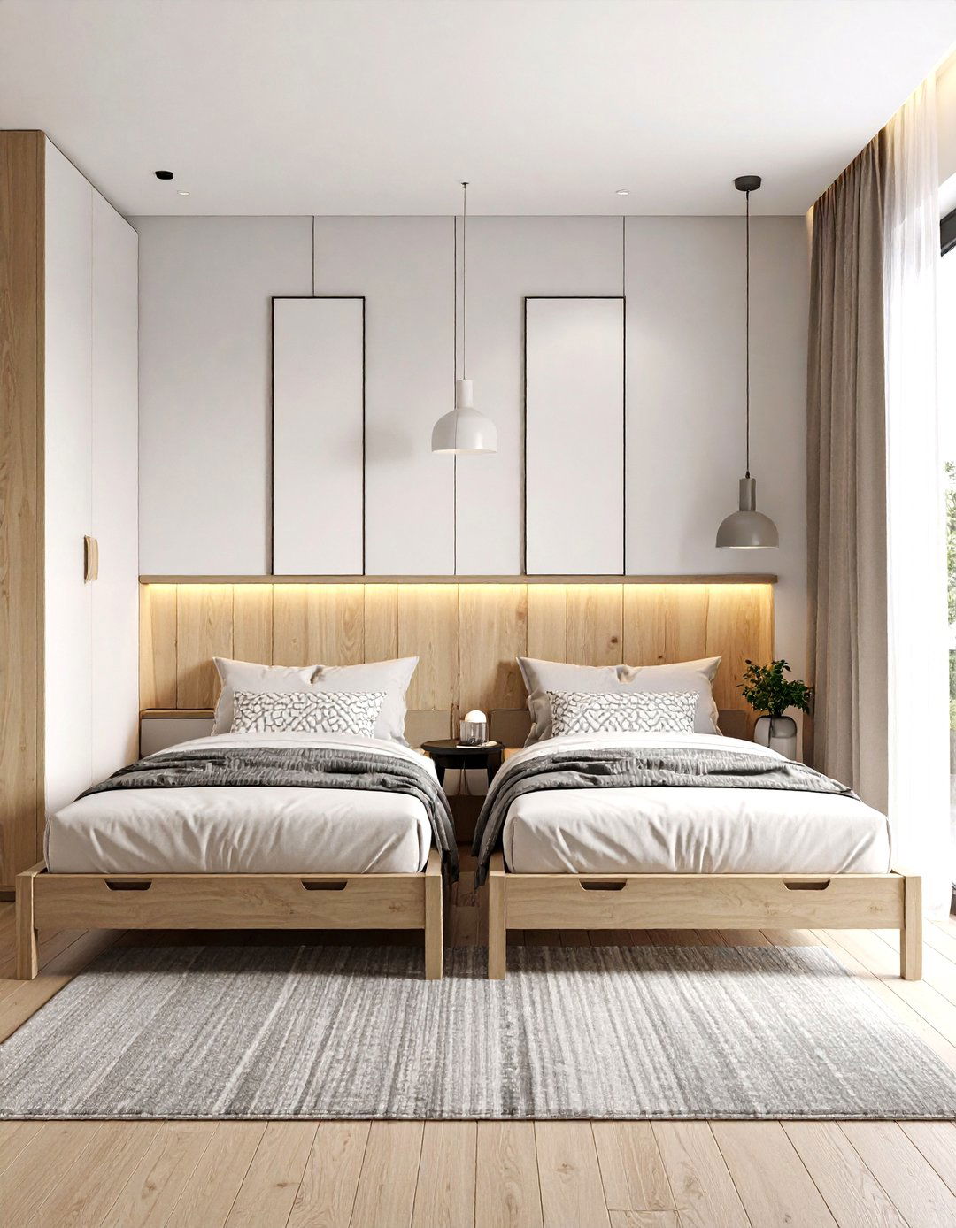 Low Parallel Twin Beds and a Slimline Nightstand - 25 2 beds in one small room ideas