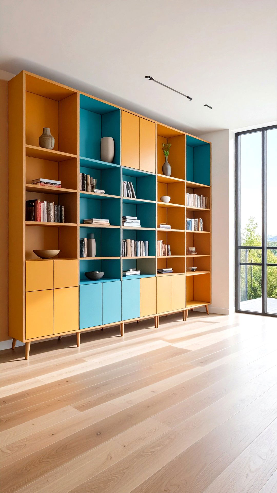 Low Profile Bookcases Under a Ribbon Window - 25 bookcases around window design ideas