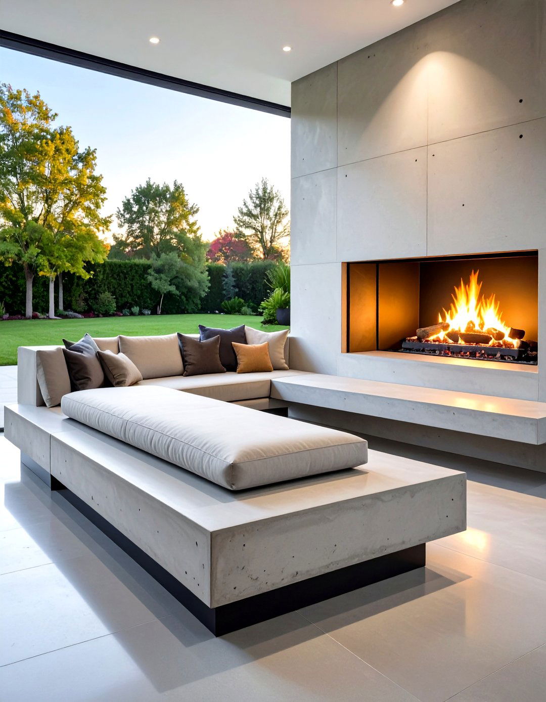 Low Slung Concrete Hearth Bench for Modern Minimalism - 25 fireplace bench ideas