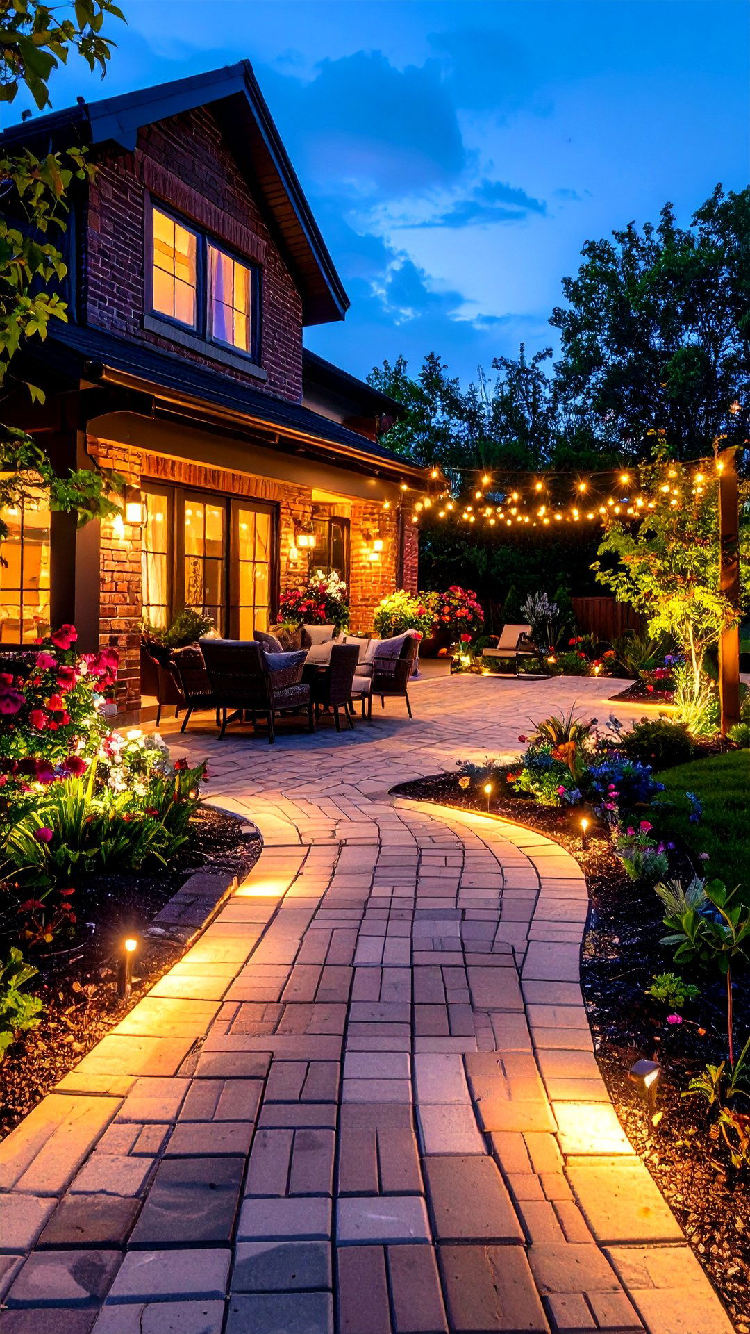 Low Voltage Lit Brick Patio for Nighttime Wow - 25 brick patio ideas