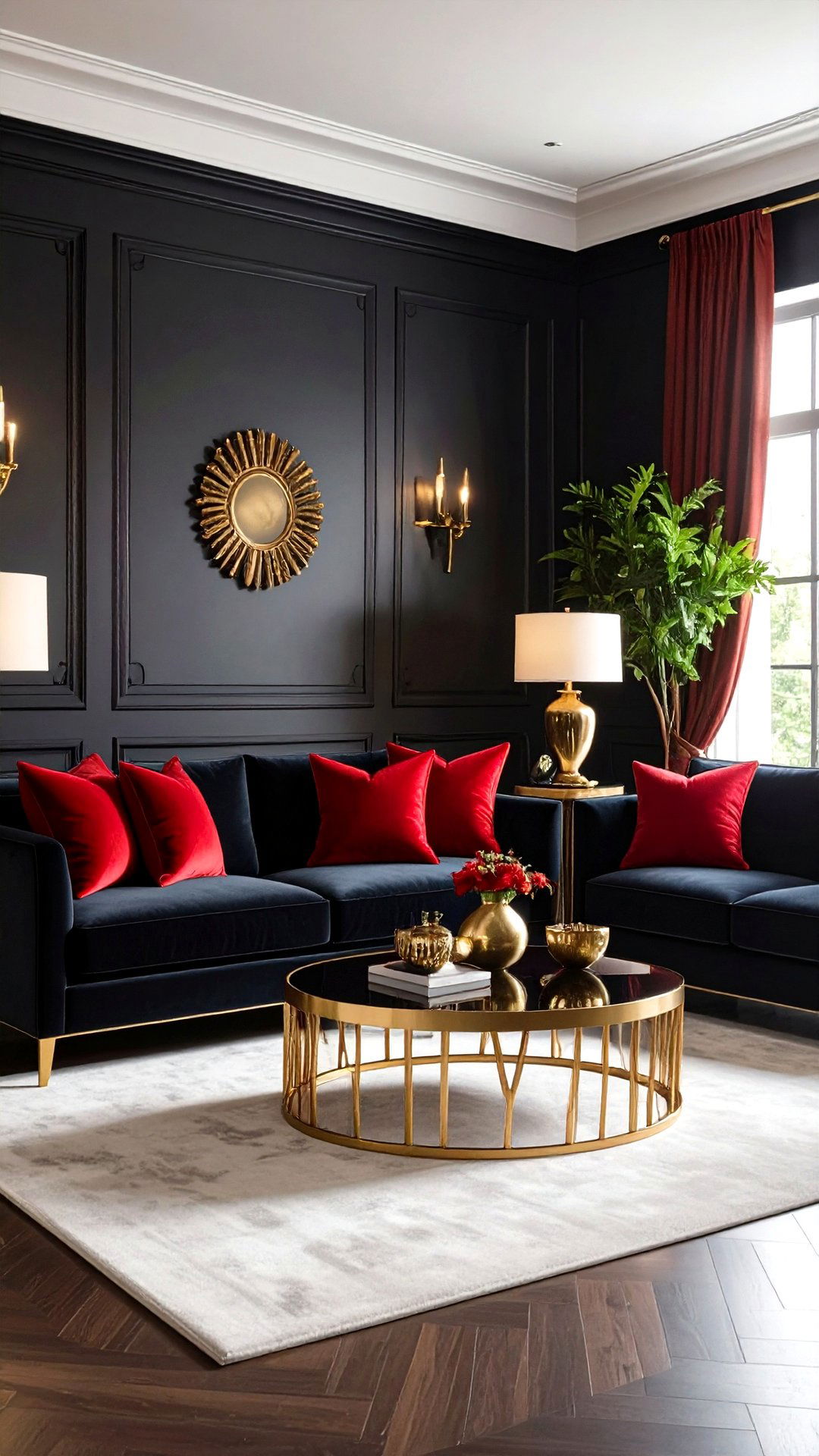 Luxe Living Room Styling with Red Silk Cushions and Midnight Walls - 25 black and red living room ideas