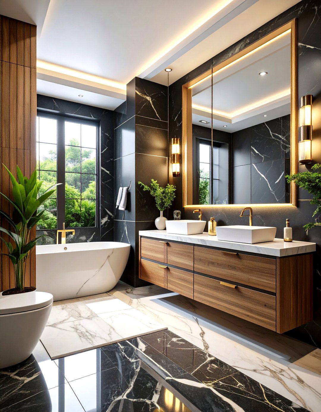 Luxe Marble Inlays Soften Black and Wood Bathroom Lines - 25 black and wood bathroom ideas