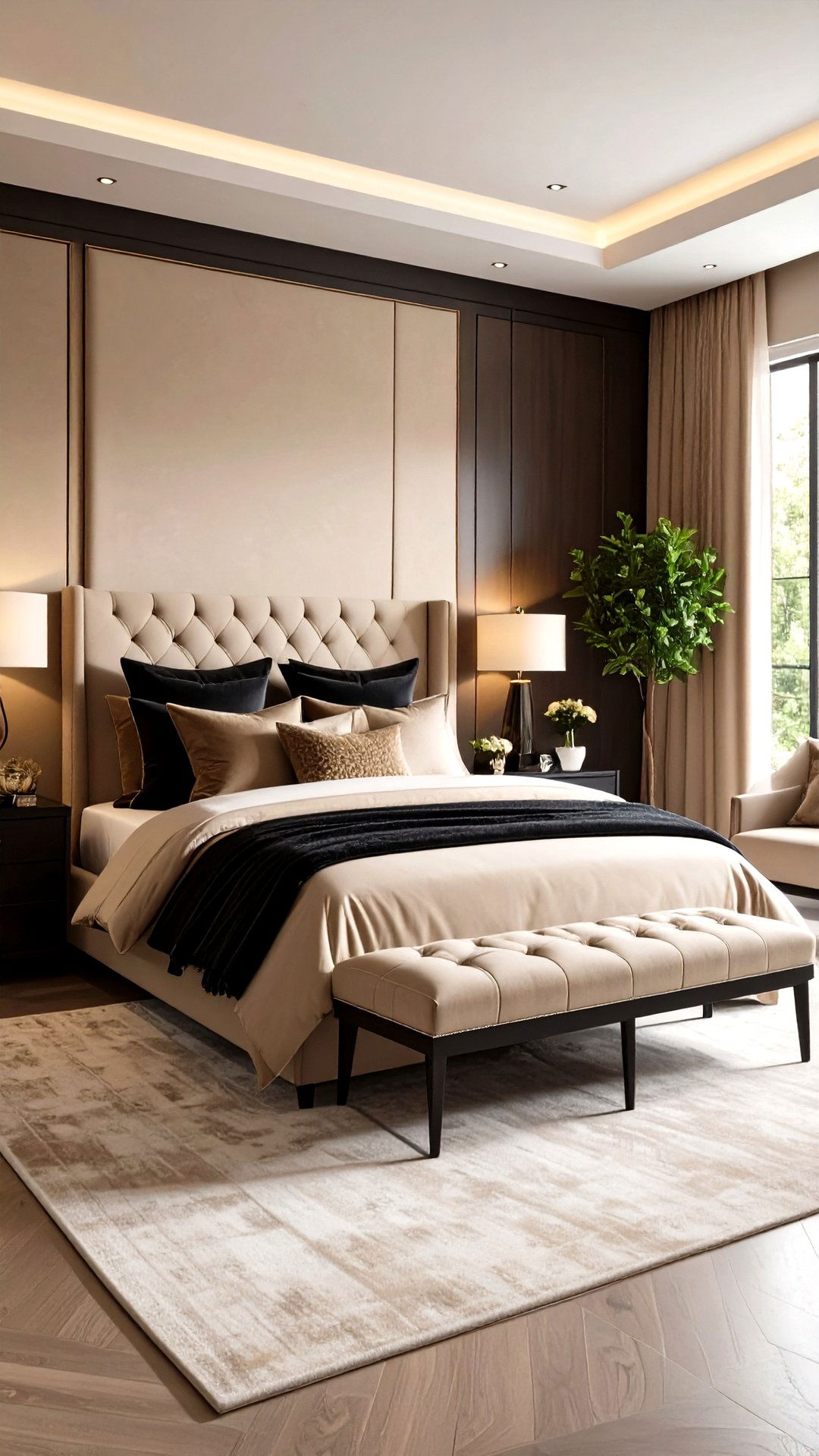 Luxe Textile Layering in a Black and Beige Bedroom - 25 black and beige bedroom design ideas