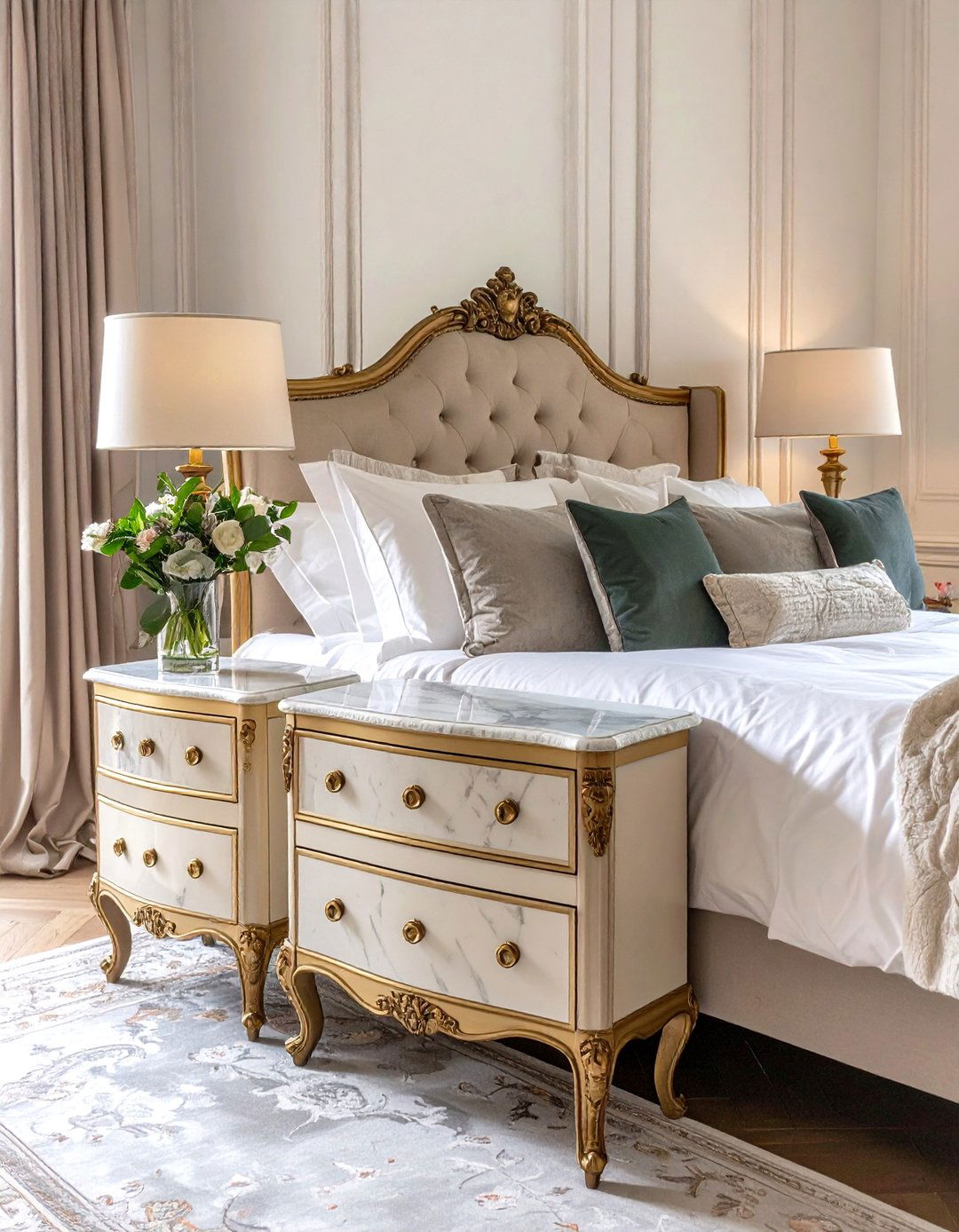 Marble Topped Antique Nightstands - 25 parisian themed bedroom ideas