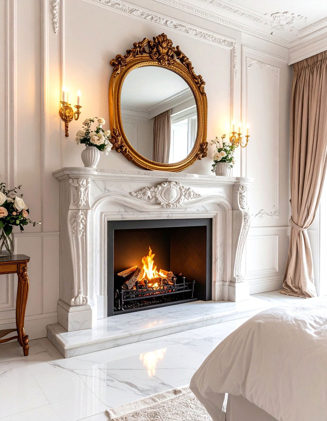 Marble or Faux Fireplace Mantel - 25 parisian themed bedroom ideas