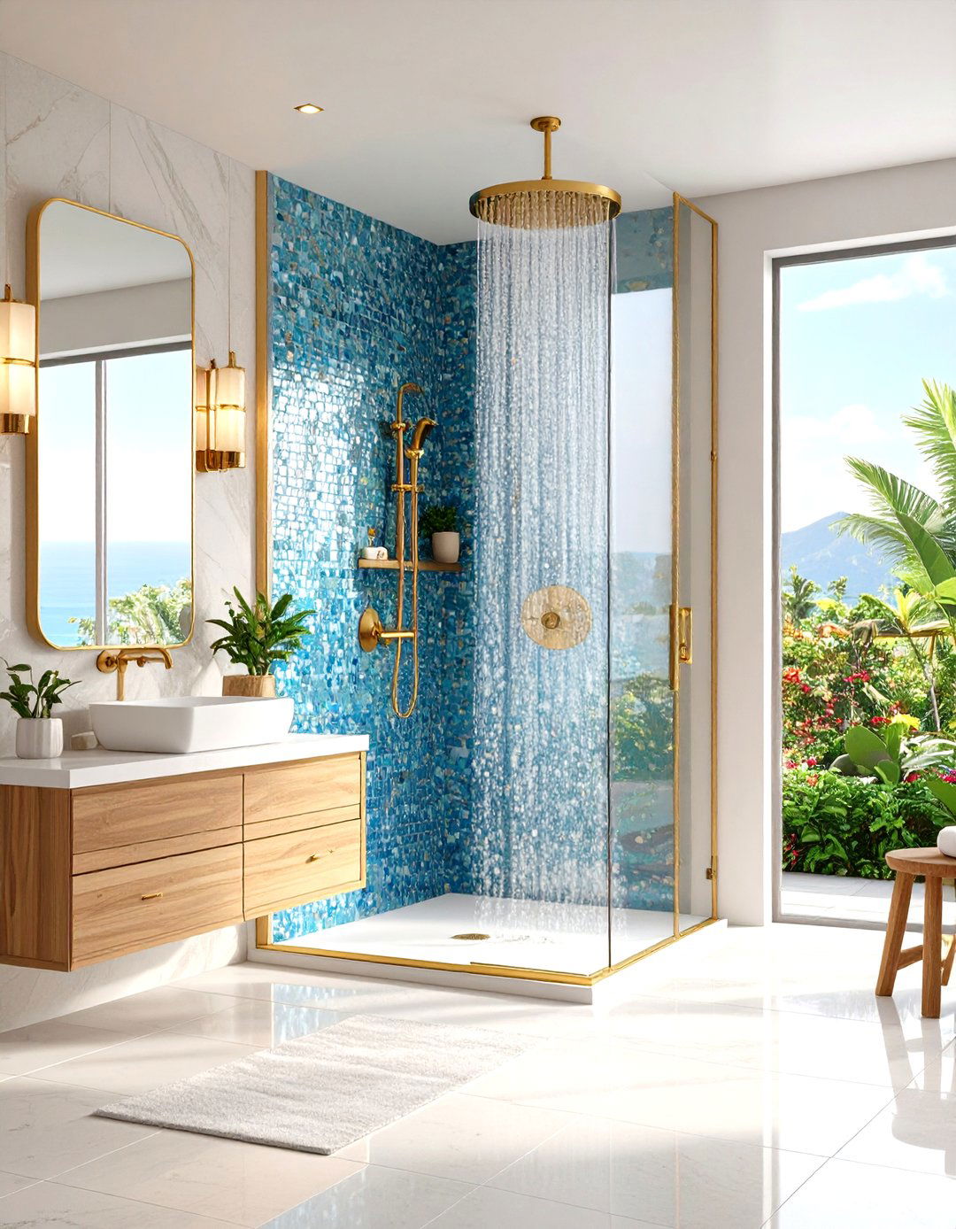 Marine Mosaic Shower Bathroom with Gold Rainfall Head - 25 blue and gold bathroom ideas