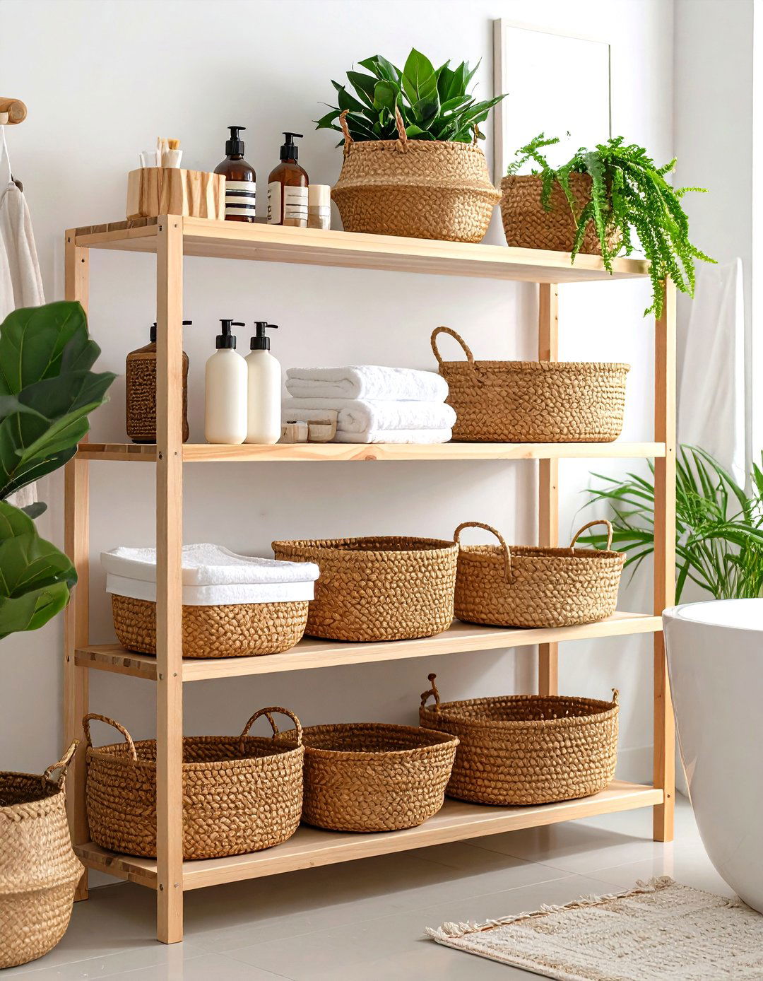 Matching Baskets Hide Loose Items - 25 minimalist bathroom ideas