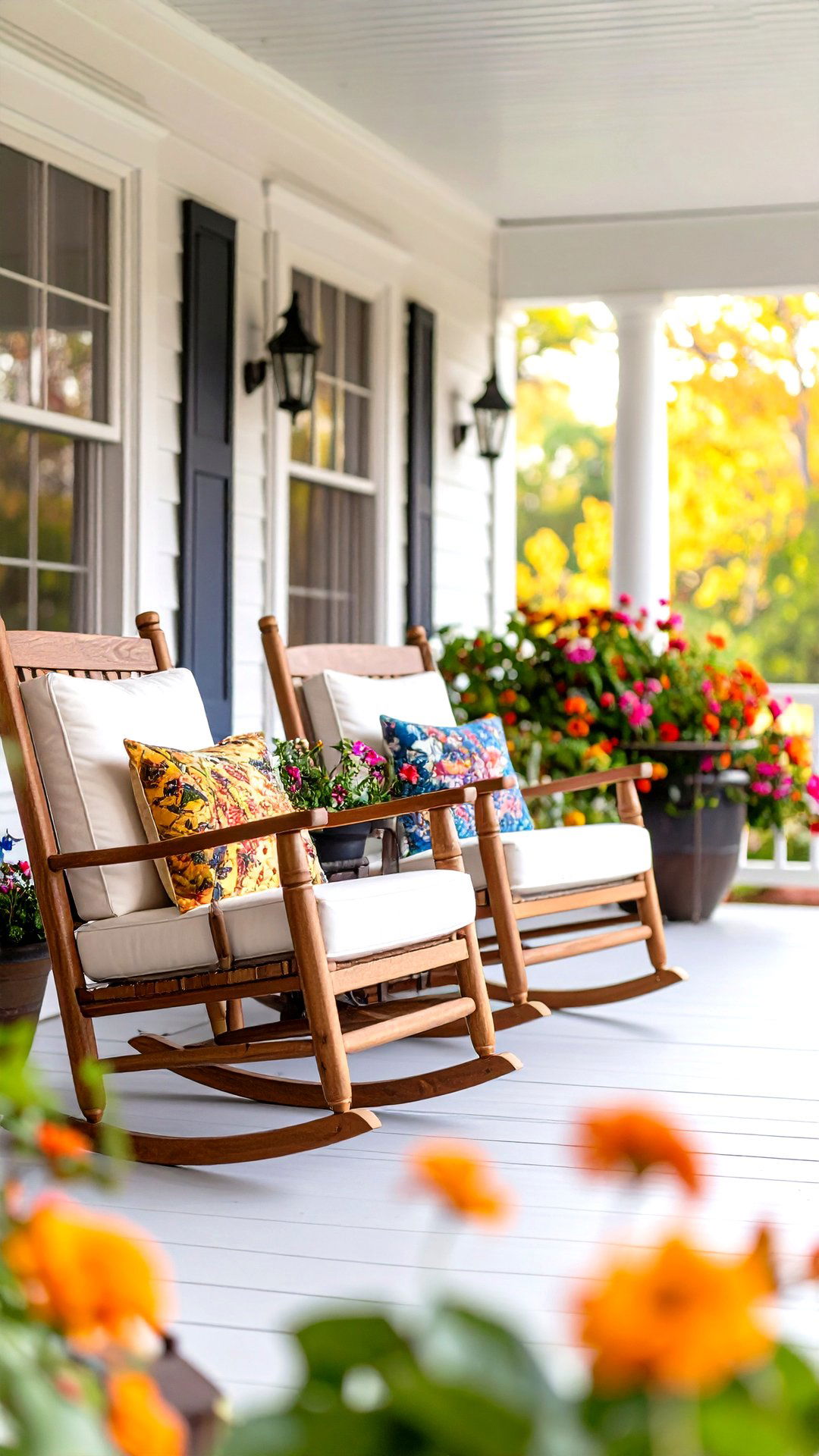 Matching Rockers Reinforce the Porchs Symmetry - 25 colonial front porch ideas