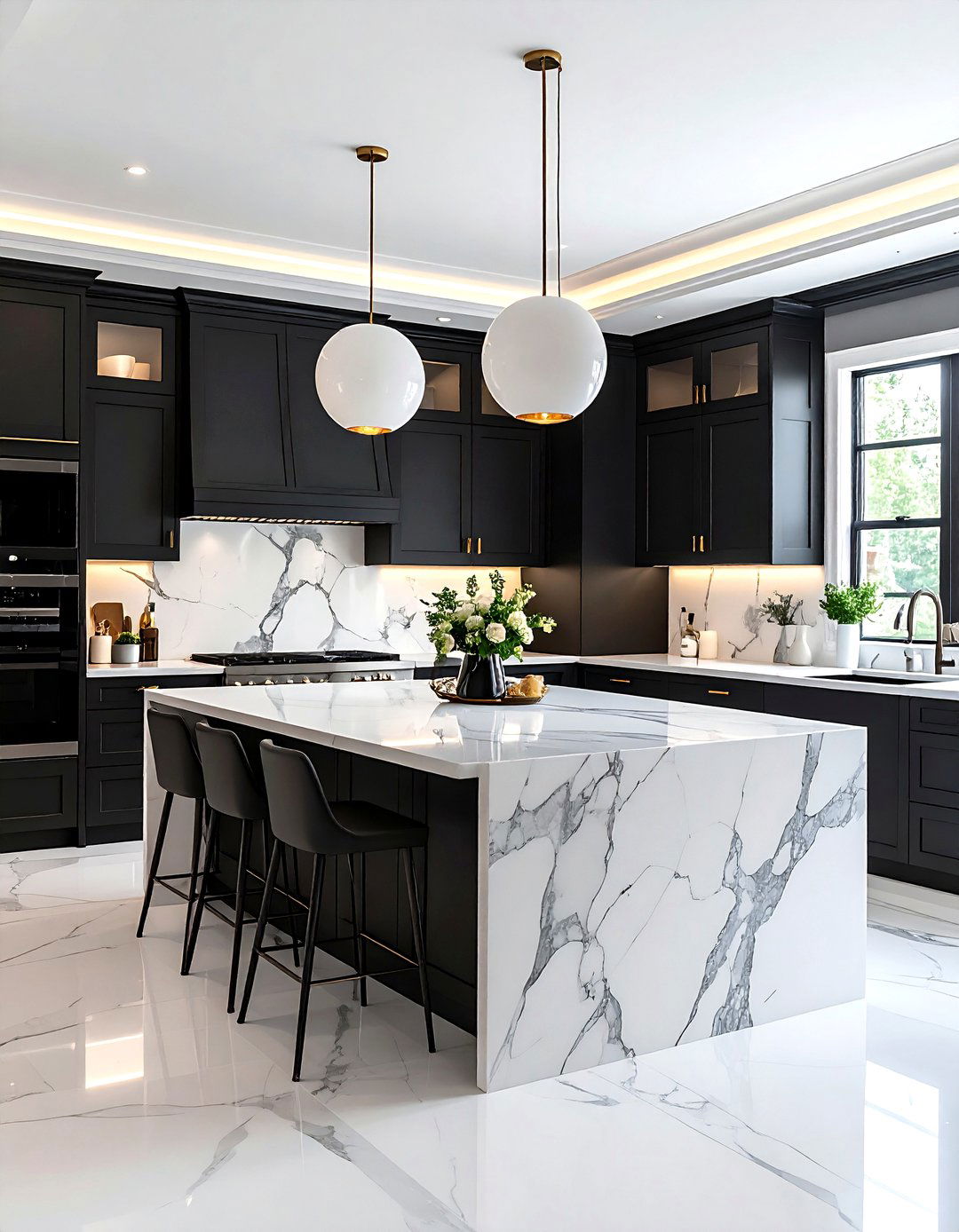 Matte Black Cabinets with White Marble Countertops - 25 black and white kitchen ideas