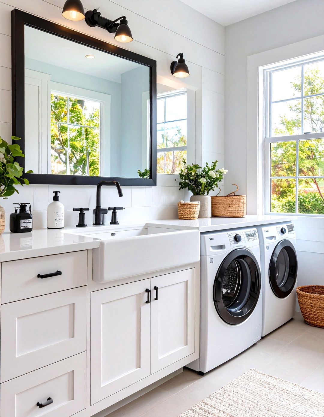 Matte Black Faucet with a White Apron Sink Elevates Utility - 25 black and white laundry room ideas