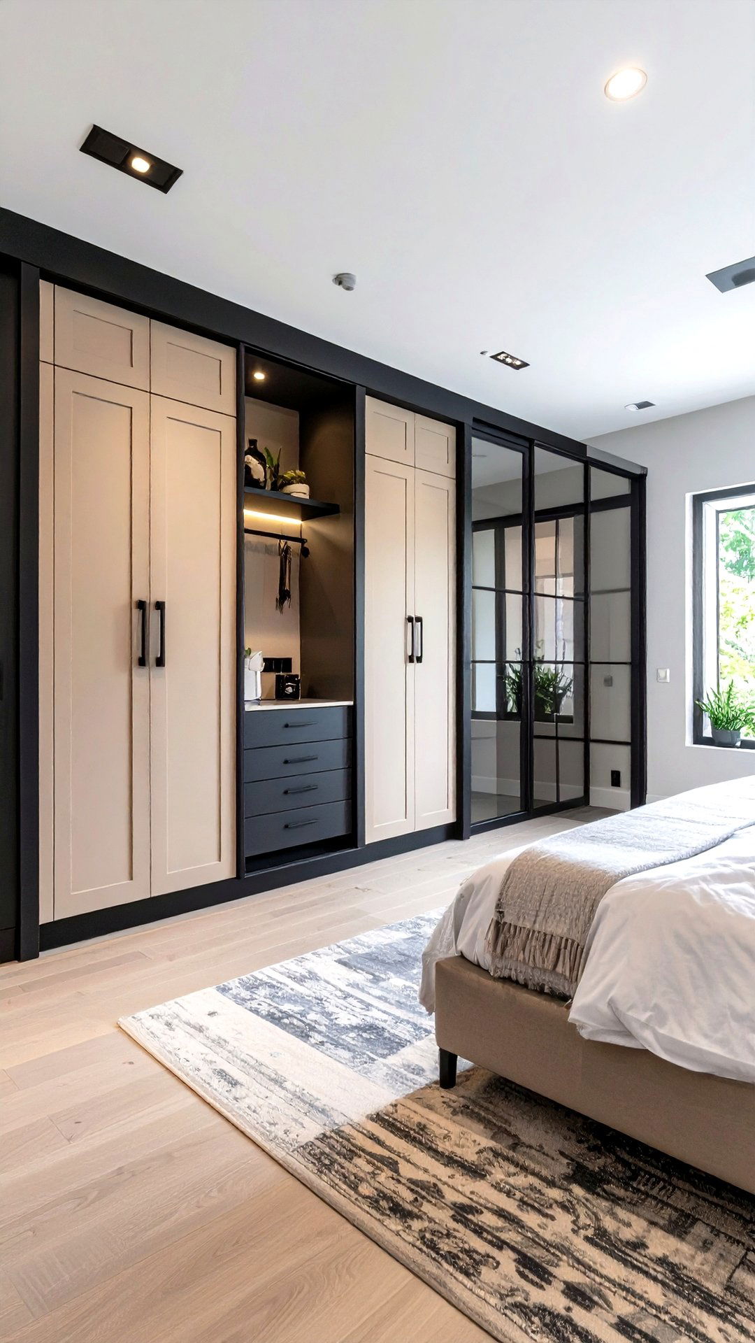 Matte Black Hardware Sharpens Beige Cabinetry in a Bedroom - 25 black and beige bedroom design ideas