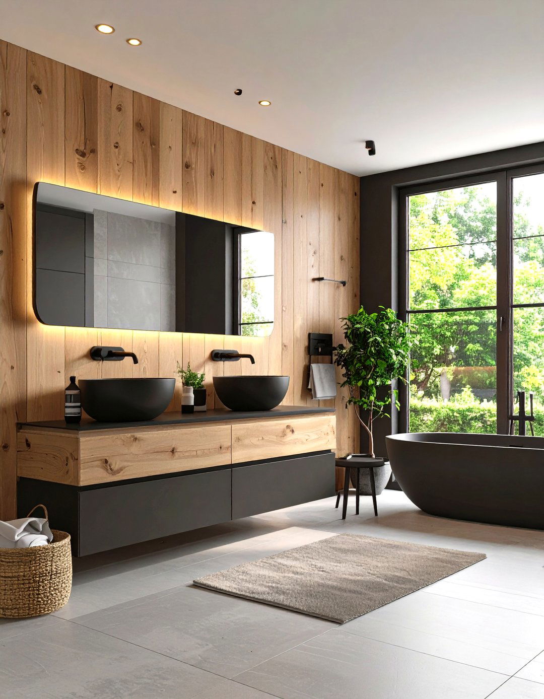 Matte Black Hardware Unifies the Black and Wood Bathroom Palette - 25 black and wood bathroom ideas
