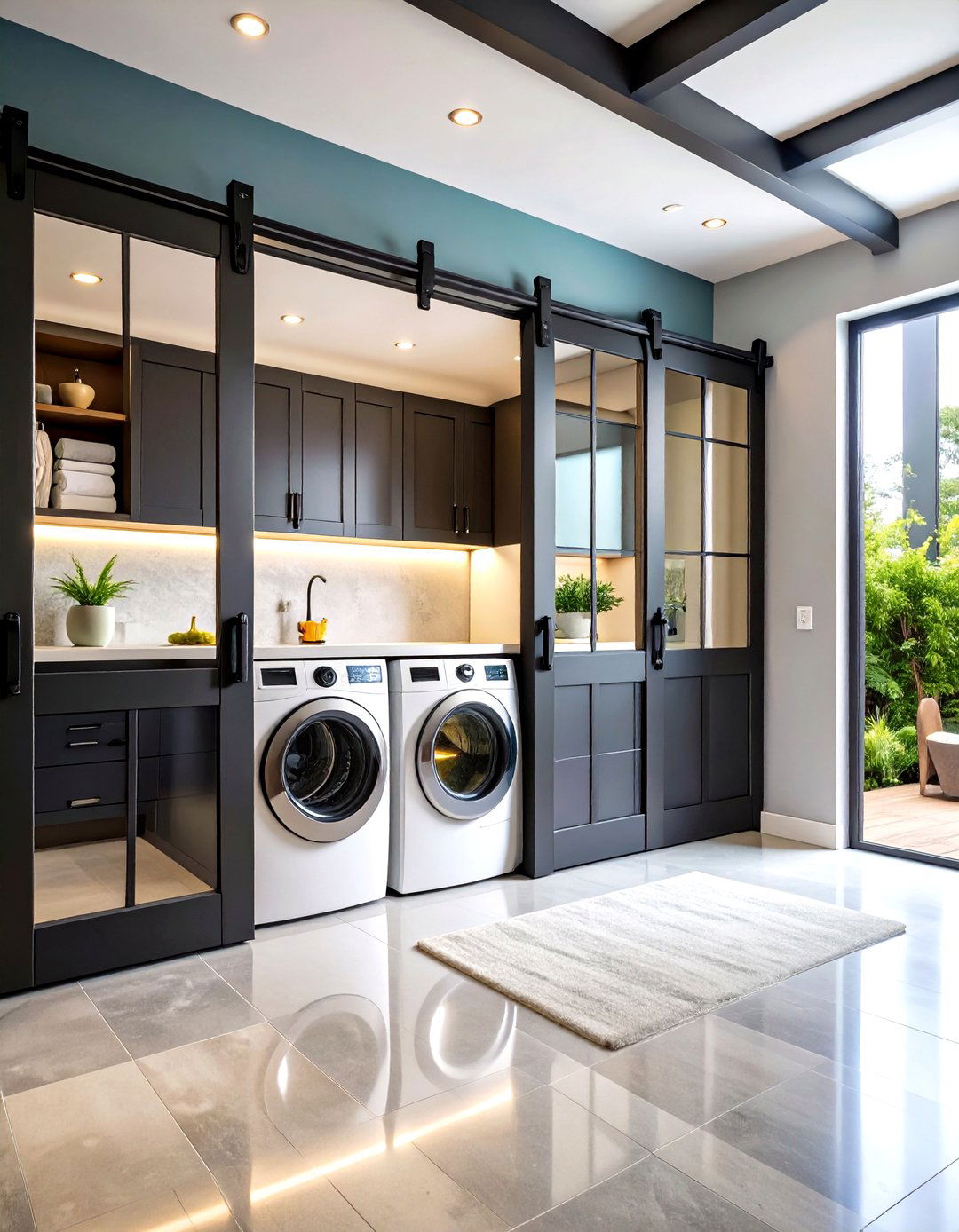 Matte Black Sliding Barn Door Laundry Room - 25 dark & moody laundry room ideas