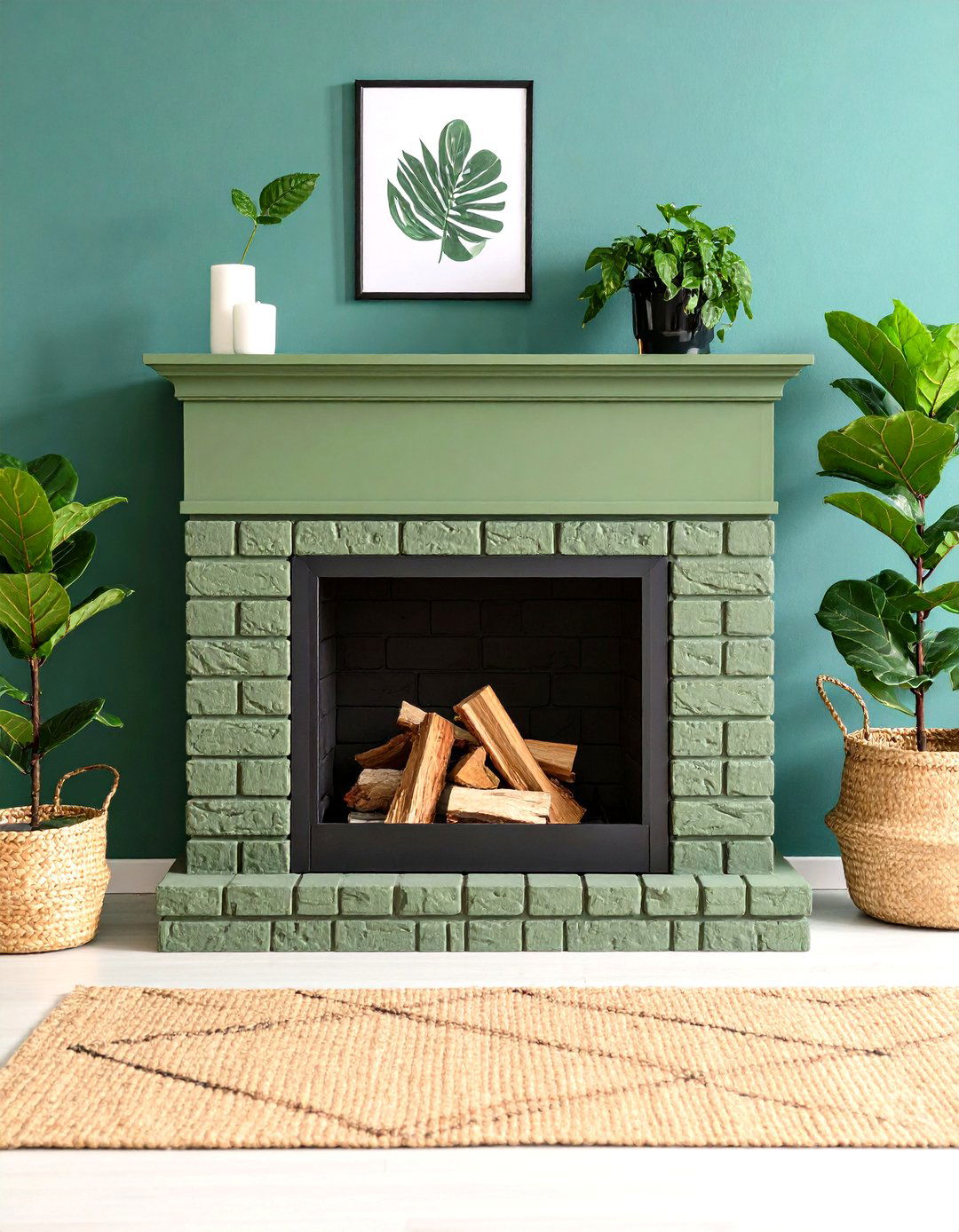 Matte Olive Fireplace in Nature Inspired Rooms - 25 painted brick fireplace ideas