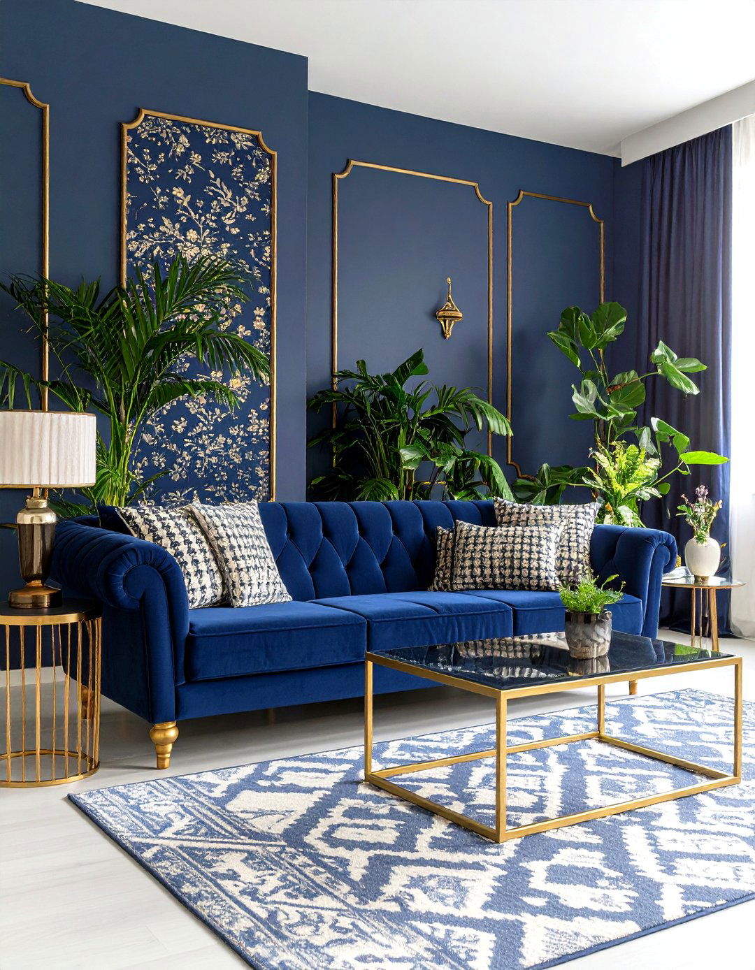 Maximalist Prints Meet Moody Hues - 25 navy blue and grey living room ideas