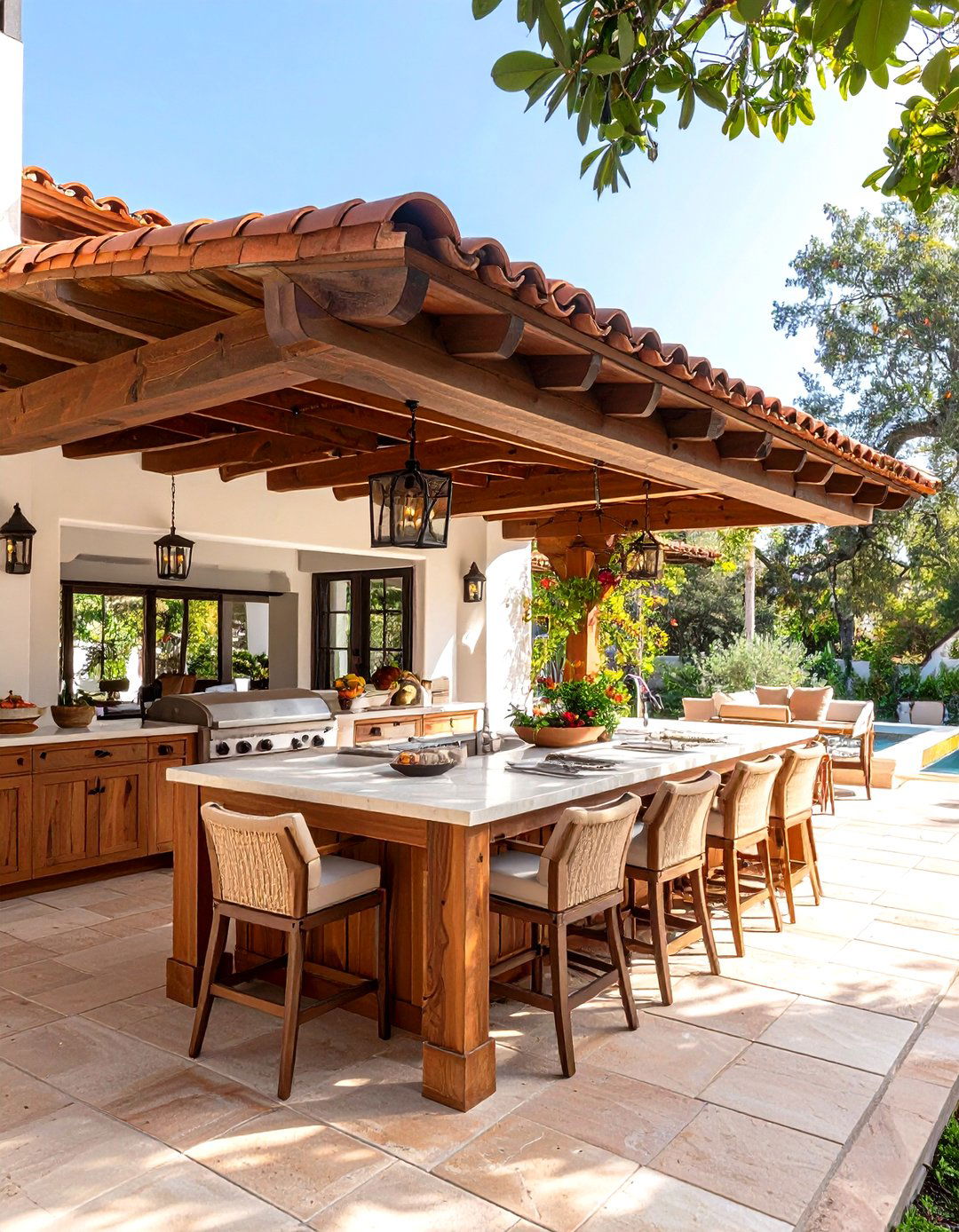 Mediterranean Clay Tile Roof Blends Seamlessly With the House - 25 outdoor kitchen roof ideas