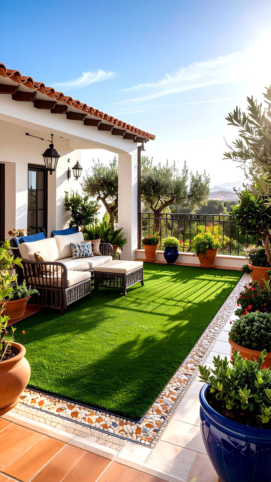 Mediterranean Mosaic Edge on Artificial Grass Balcony - 25 artificial grass balcony design