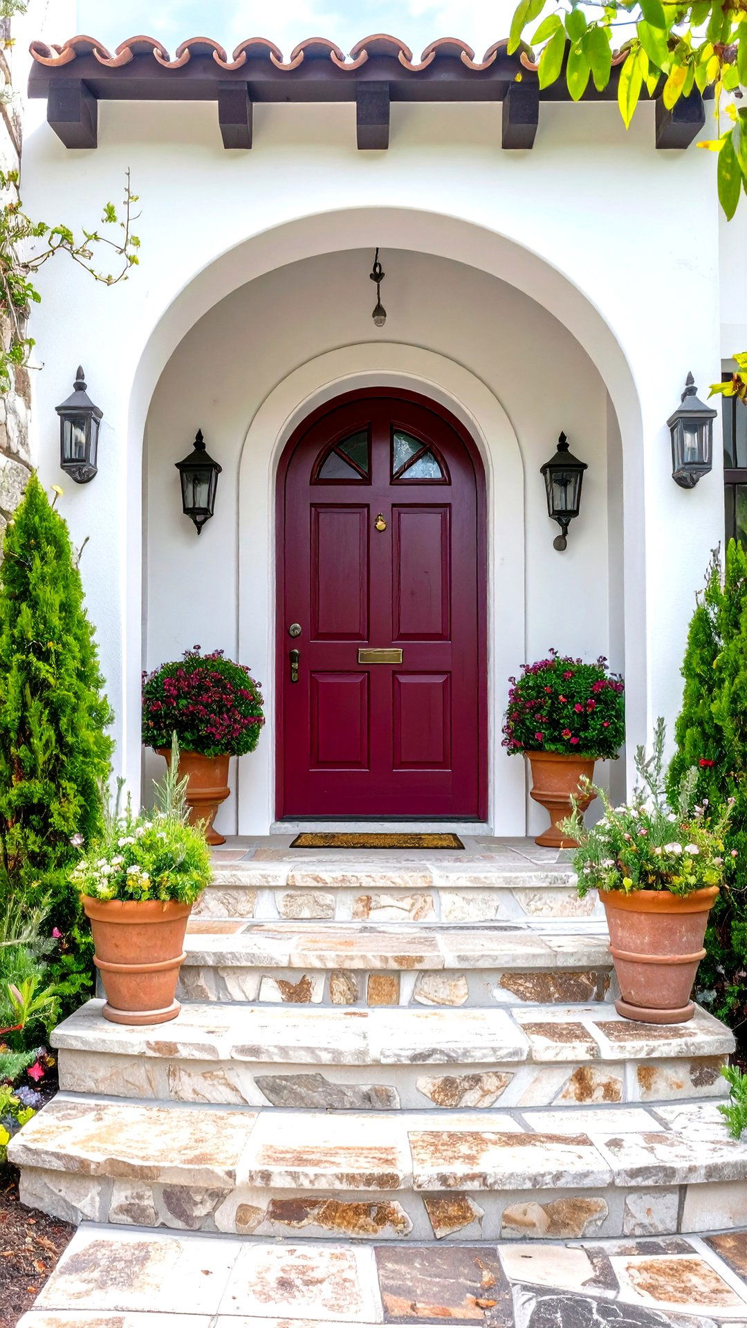 Mediterranean Style Arched Burgundy Door - 25 burgundy front door ideas