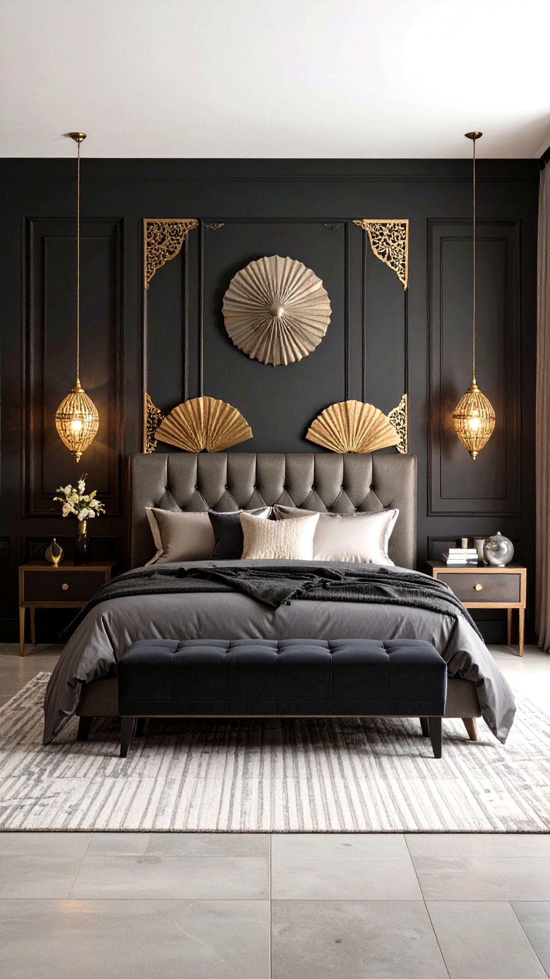 Metallic Stencil Overlay - 25 black accent wall bedroom ideas
