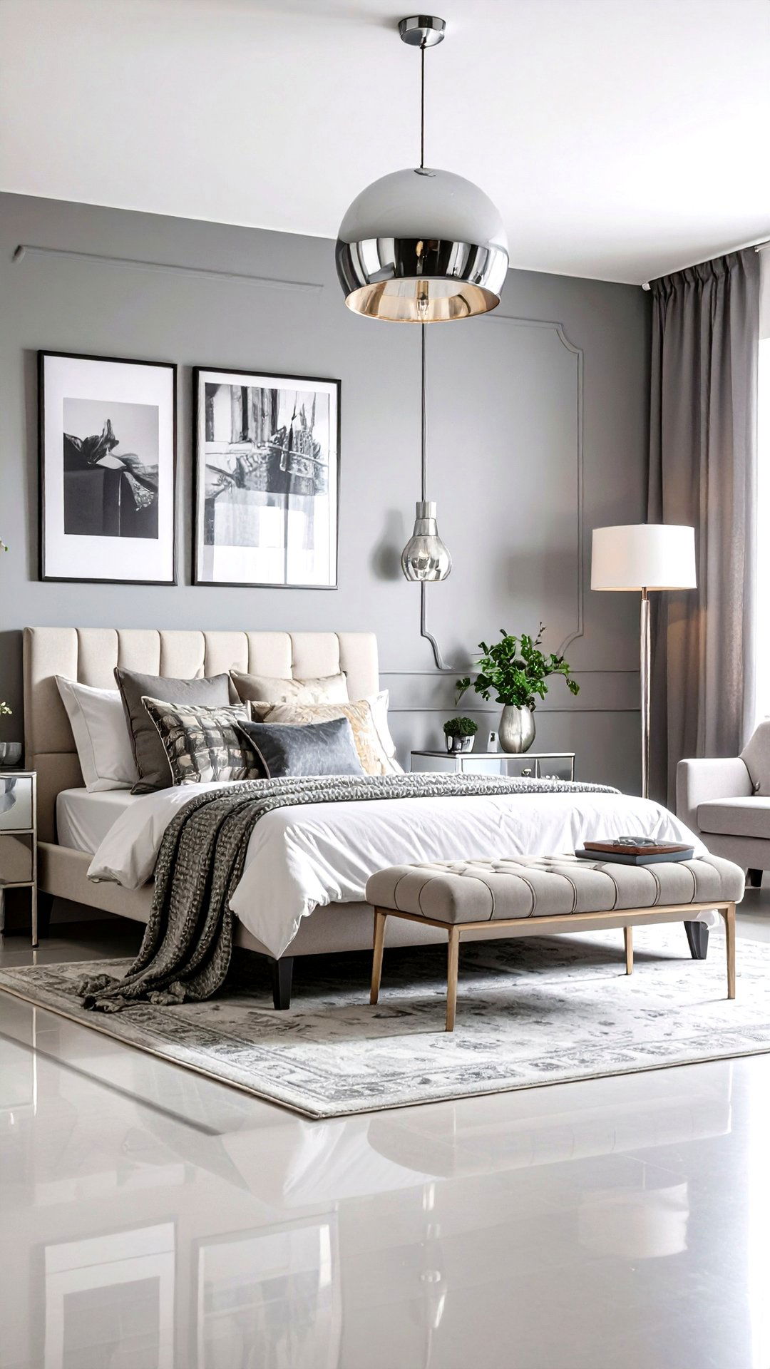 Metallic Touches Silver and Chrome in a Grey and White Bedroom - 25 grey and white bedroom ideas