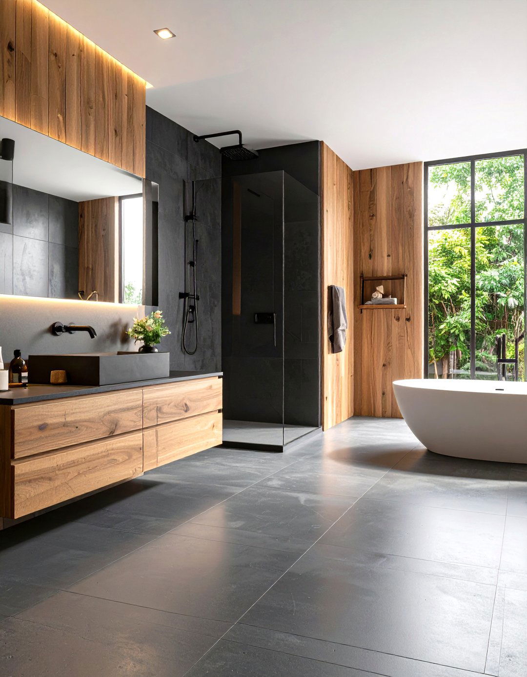 Microcement Floors Seamlessly Link Black and Wood Bathrooms - 25 black and wood bathroom ideas