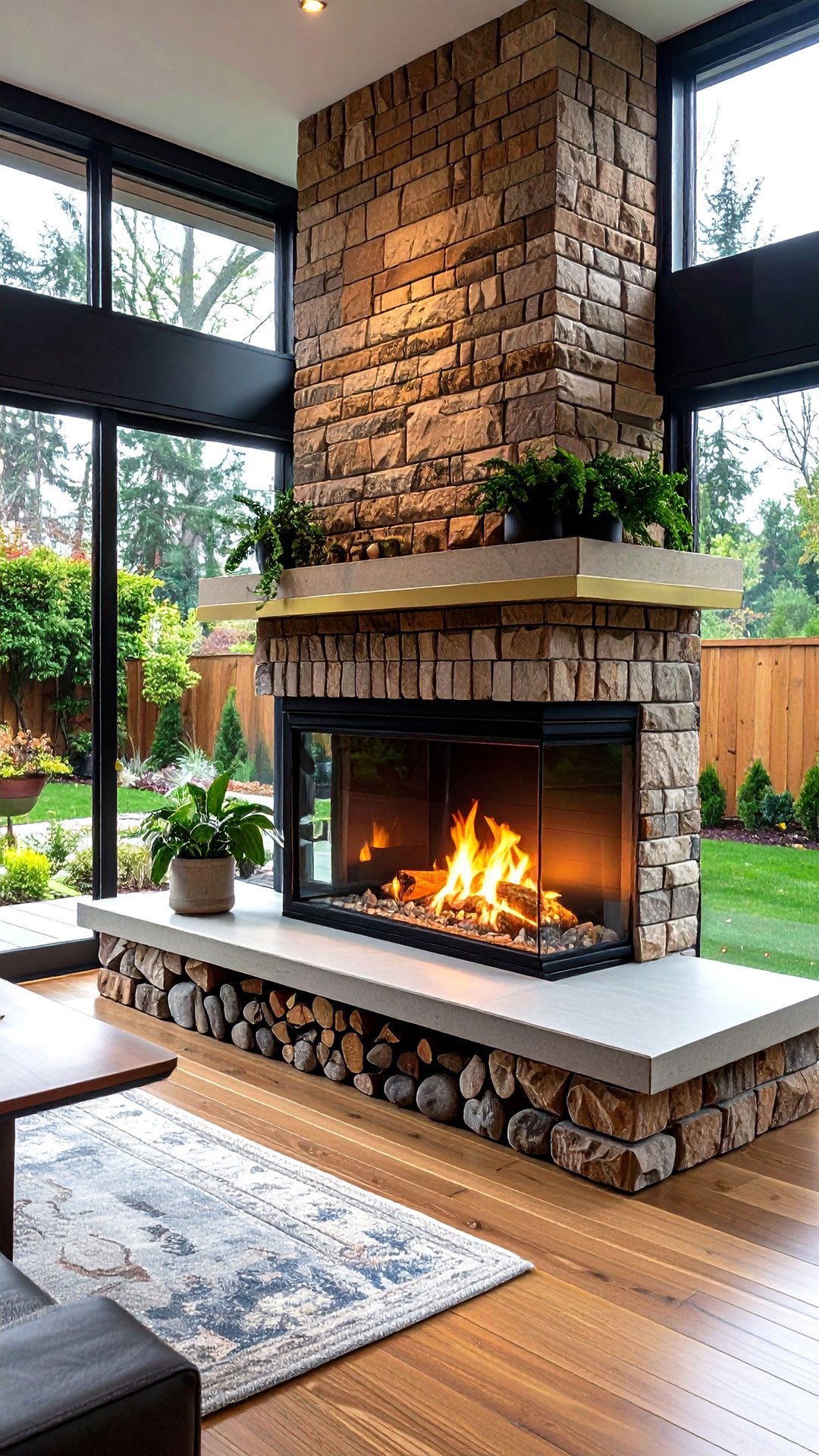 Mid Century Inspired Brick Sided Fireplace - 25 3 sided fireplace ideas