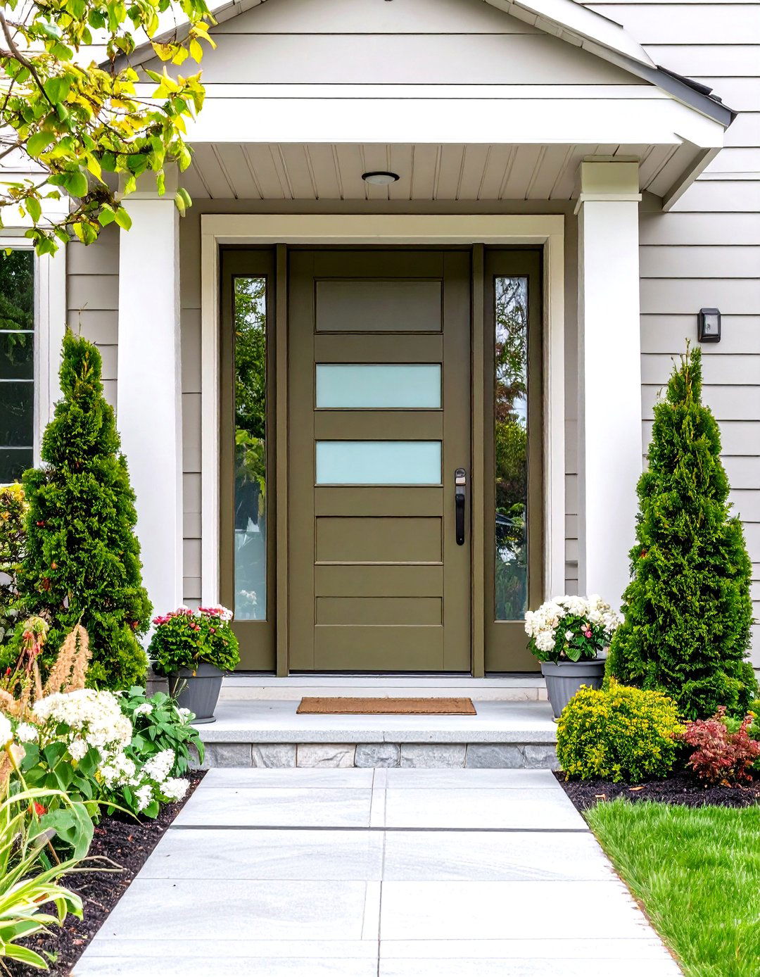 Mid Century Olive Green Front Door with Frosted Glass Panels - 25 olive green front door ideas