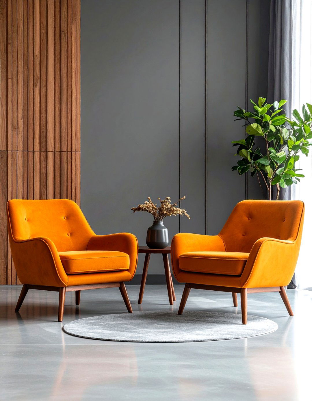 Mid Century Orange Chairs on a Muted Grey Stage - 25 orange and grey living room ideas