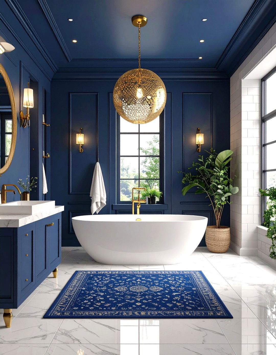 Midnight Blue Ceiling Bathroom with Gold Pendant Light - 25 blue and gold bathroom ideas