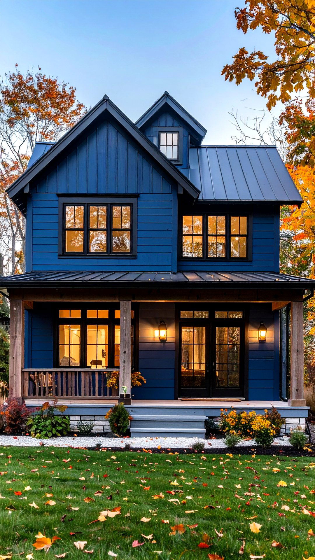 Midnight Blue Modern Farmhouse with Chunky Black Window Frames - 25 blue house with black trim ideas