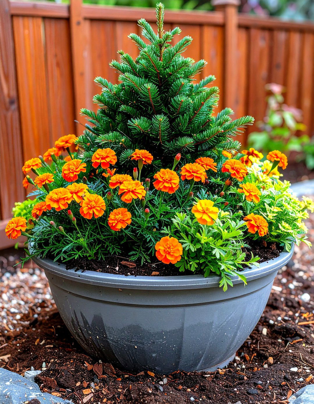 Mini Conifer and Marigold Contrast - 25 fall flower box ideas