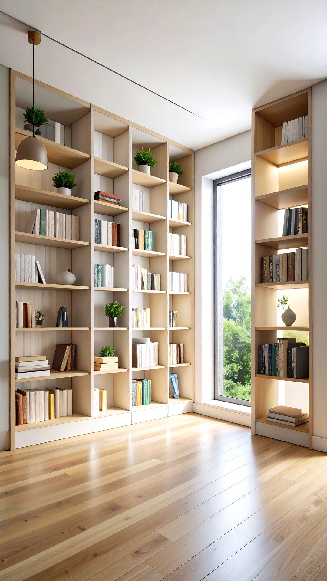 Minimalist Floor to Ceiling Bookcases Hugging a Slim Window - 25 bookcases around window design ideas