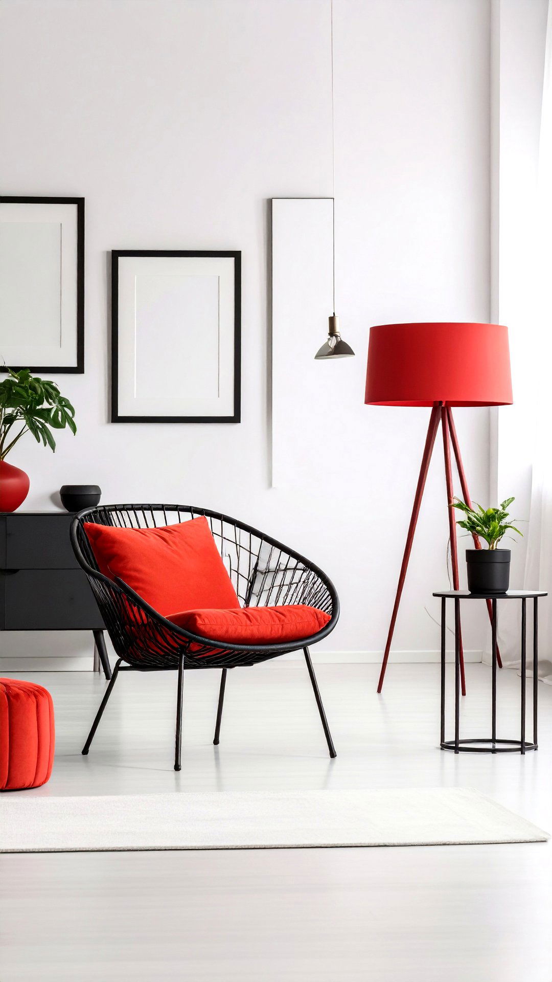Minimalist Living Room Uses Black Frames and Subtle Red Metals - 25 black and red living room ideas